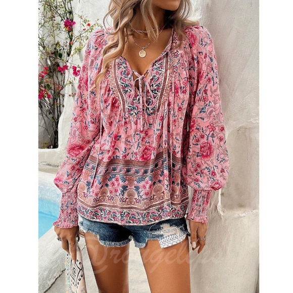 Pink Floral Printed Boho Long Sleeve Blouse Loose Fit Neck Ties Lantern Sleeve - Picture 5 of 8